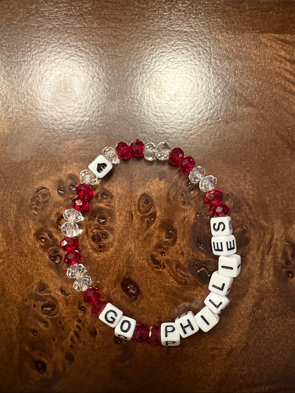 Personalized Red & Clear Beaded Bracelet- "Go Phillies". Handmade.